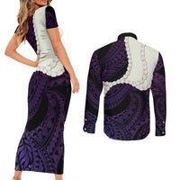 Purple Galaxy Polynesia Tribal Octopus Tattoo Couples Matching Short Sleeve Bodycon Dress and Long Sleeve Button Shirt Pikake Lei Polynesian Pattern