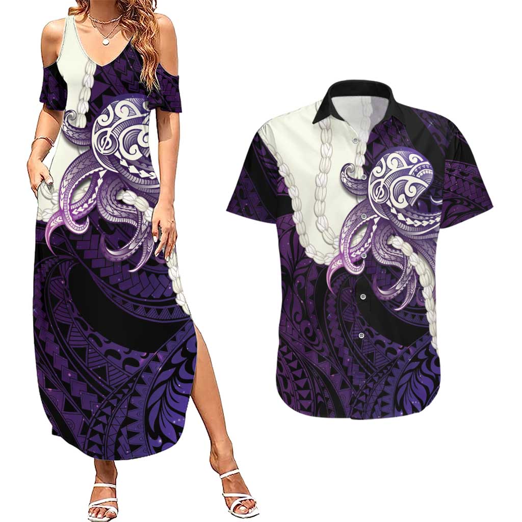 Purple Galaxy Polynesia Tribal Octopus Tattoo Couples Matching Summer Maxi Dress and Hawaiian Shirt Pikake Lei Polynesian Pattern LT14 Purple - Polynesian Pride