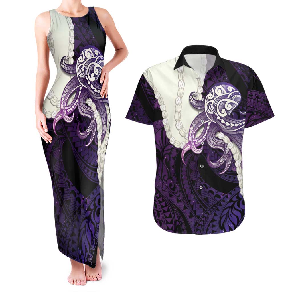 Purple Galaxy Polynesia Tribal Octopus Tattoo Couples Matching Tank Maxi Dress and Hawaiian Shirt Pikake Lei Polynesian Pattern