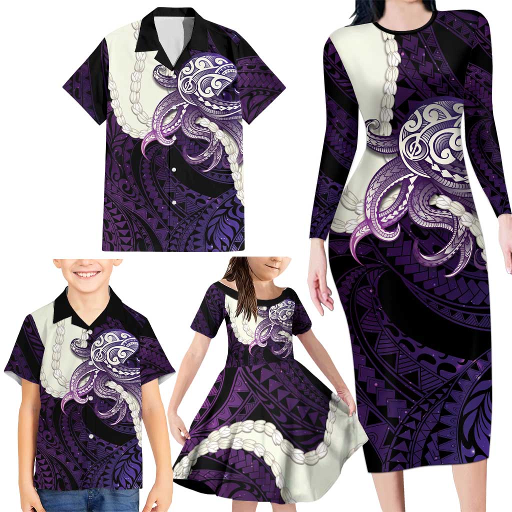 Purple Galaxy Polynesia Tribal Octopus Tattoo Family Matching Long Sleeve Bodycon Dress and Hawaiian Shirt Pikake Lei Polynesian Pattern LT14 - Polynesian Pride