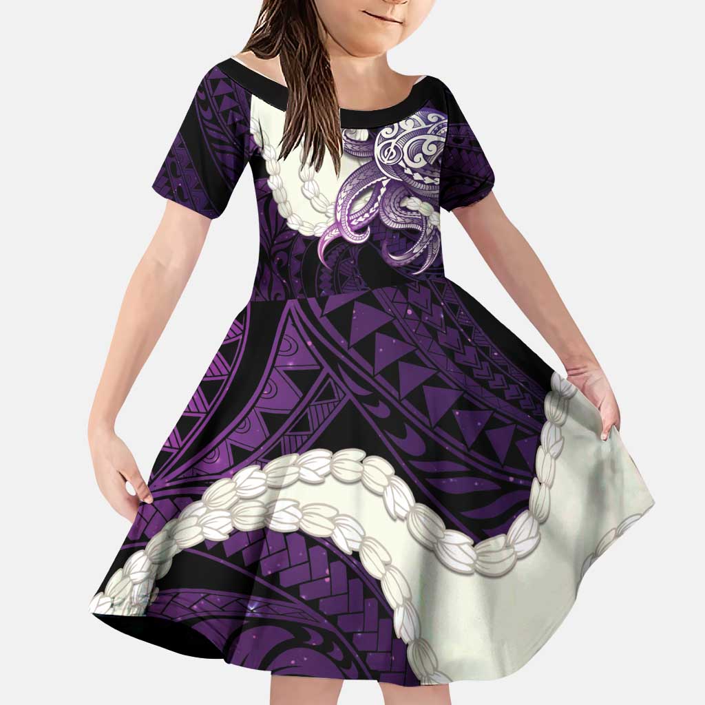 Purple Galaxy Polynesia Tribal Octopus Tattoo Family Matching Off Shoulder Maxi Dress and Hawaiian Shirt Pikake Lei Polynesian Pattern LT14 Daughter's Dress Purple - Polynesian Pride