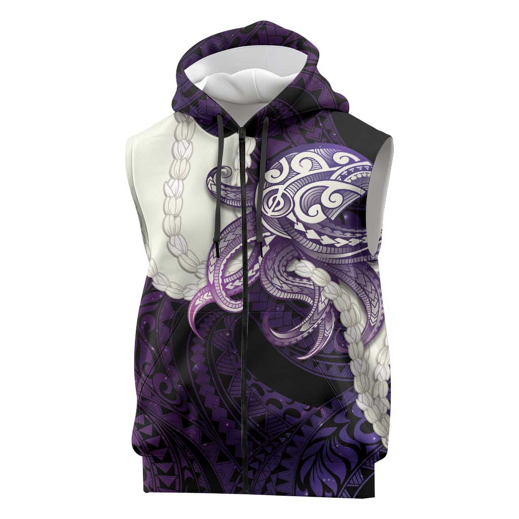 Purple Galaxy Polynesia Tribal Octopus Tattoo Sleeveless Zip Hoodie Pikake Lei Polynesian Pattern