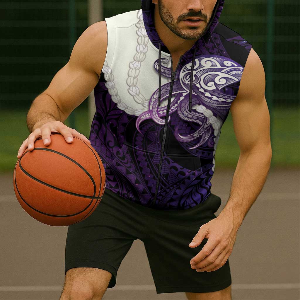 Purple Galaxy Polynesia Tribal Octopus Tattoo Sleeveless Zip Hoodie Pikake Lei Polynesian Pattern
