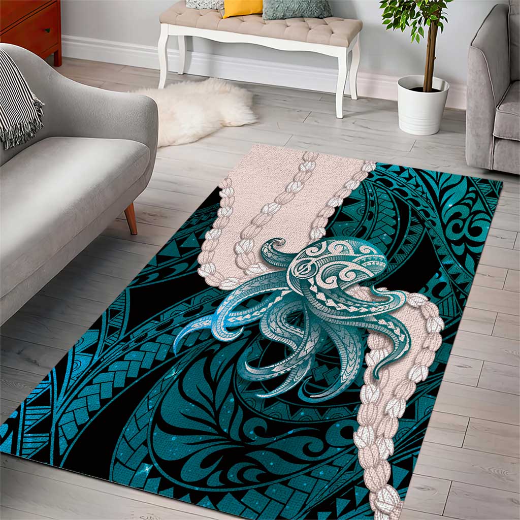 Teal Galaxy Polynesia Tribal Octopus Tattoo Area Rug Pikake Lei Polynesian Pattern LT14 - Polynesian Pride