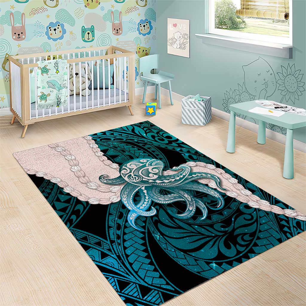 Teal Galaxy Polynesia Tribal Octopus Tattoo Area Rug Pikake Lei Polynesian Pattern LT14 - Polynesian Pride