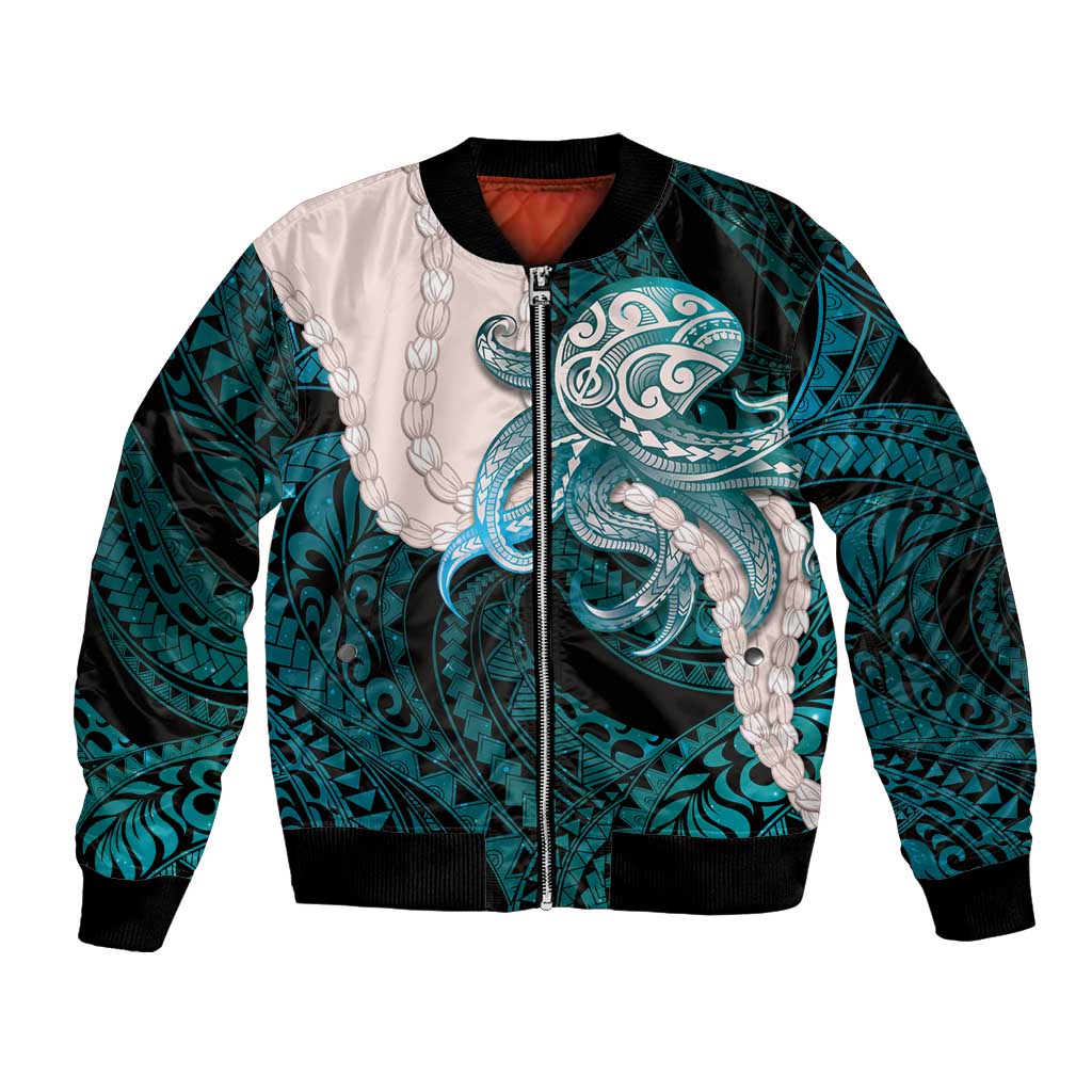 Teal Galaxy Polynesia Tribal Octopus Tattoo Bomber Jacket Pikake Lei Polynesian Pattern LT14 Unisex Teal - Polynesian Pride