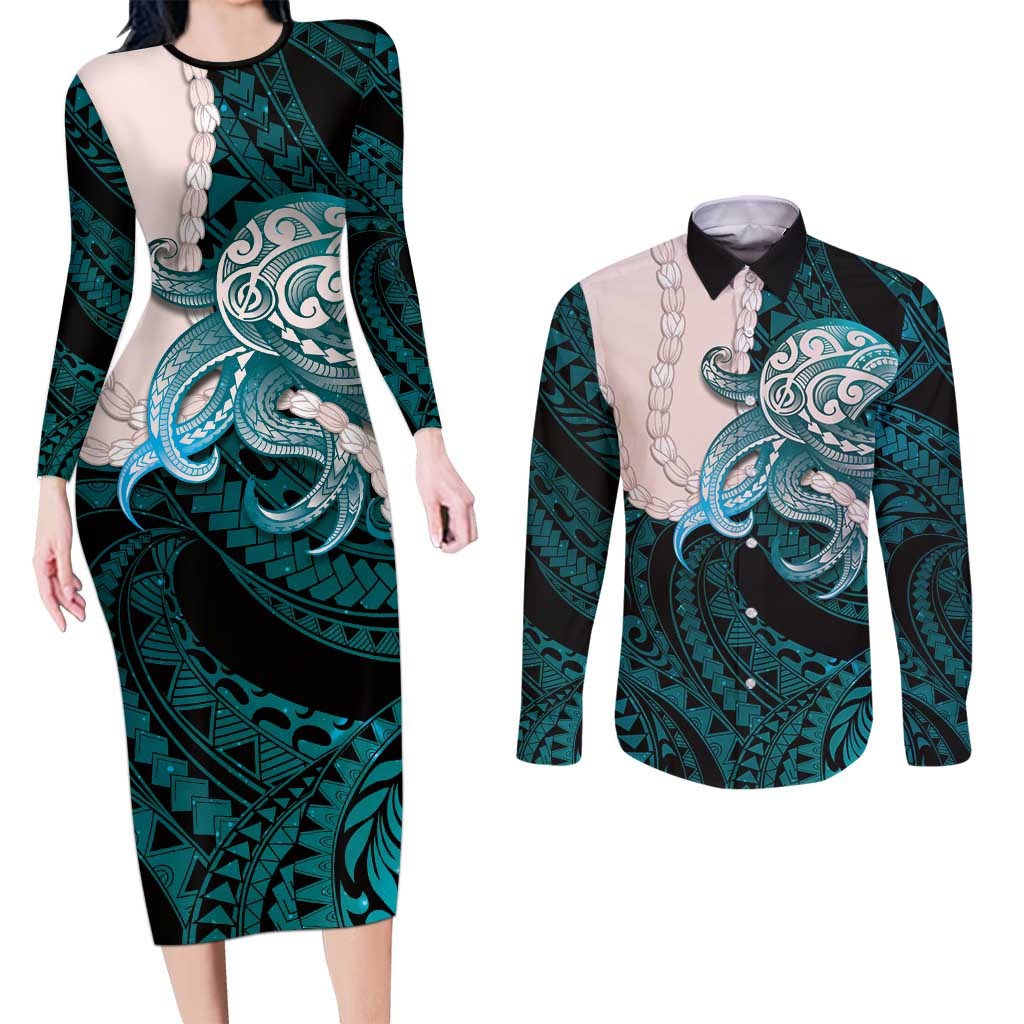 Teal Galaxy Polynesia Tribal Octopus Tattoo Couples Matching Long Sleeve Bodycon Dress and Long Sleeve Button Shirt Pikake Lei Polynesian Pattern LT14 Teal - Polynesian Pride