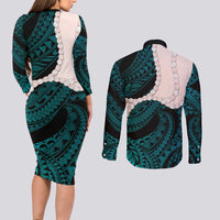 Teal Galaxy Polynesia Tribal Octopus Tattoo Couples Matching Long Sleeve Bodycon Dress and Long Sleeve Button Shirt Pikake Lei Polynesian Pattern LT14 - Polynesian Pride
