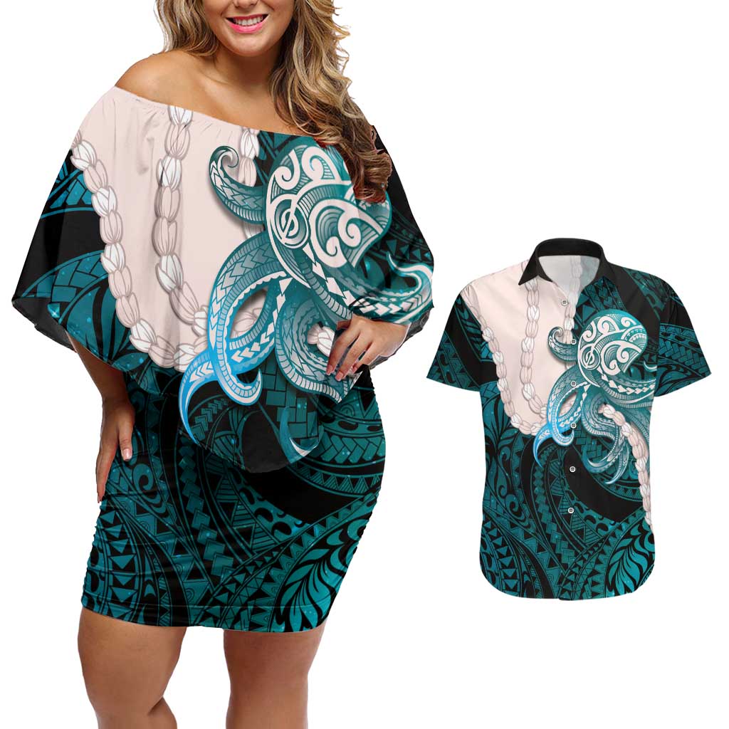 Teal Galaxy Polynesia Tribal Octopus Tattoo Couples Matching Off Shoulder Short Dress and Hawaiian Shirt Pikake Lei Polynesian Pattern LT14 Teal - Polynesian Pride