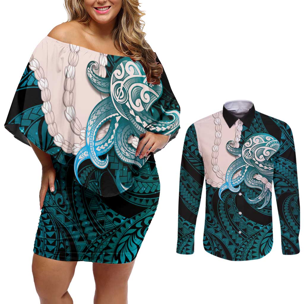 Teal Galaxy Polynesia Tribal Octopus Tattoo Couples Matching Off Shoulder Short Dress and Long Sleeve Button Shirt Pikake Lei Polynesian Pattern LT14 Teal - Polynesian Pride