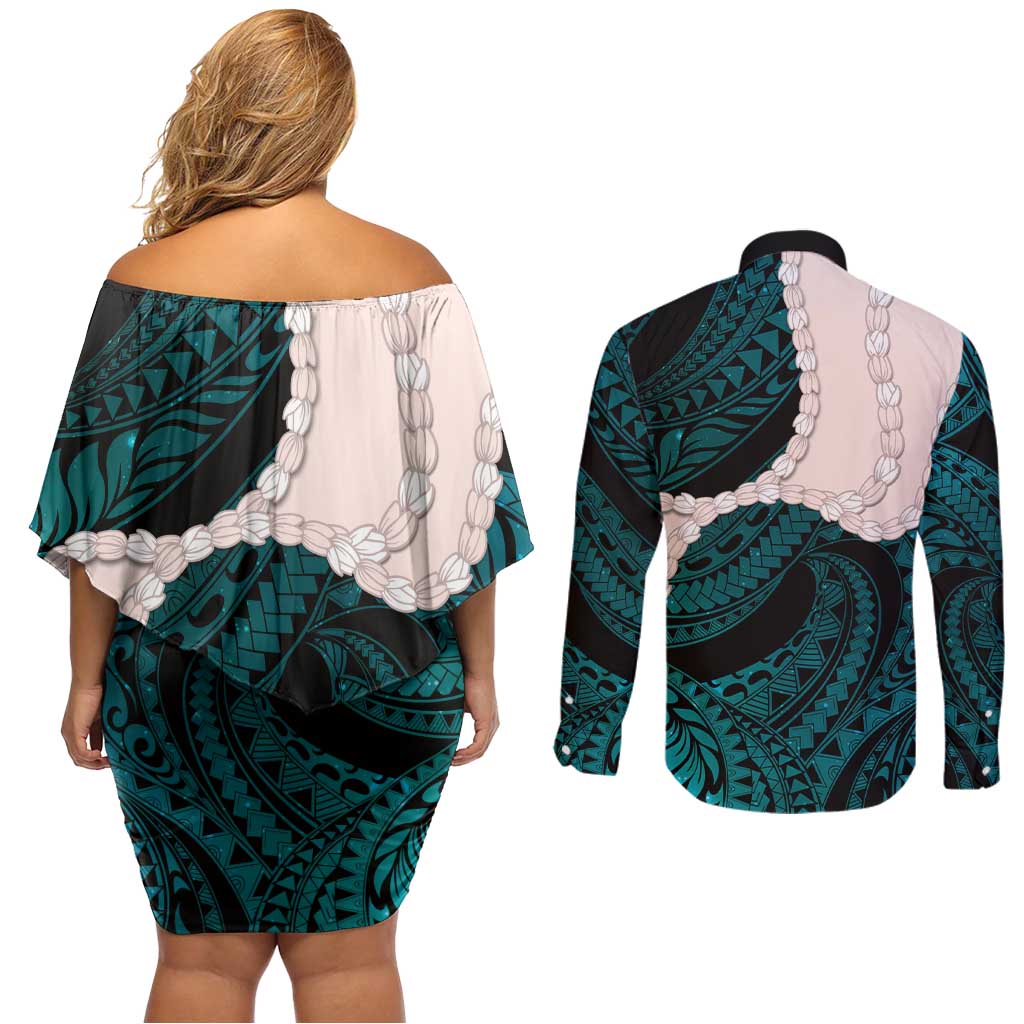 Teal Galaxy Polynesia Tribal Octopus Tattoo Couples Matching Off Shoulder Short Dress and Long Sleeve Button Shirt Pikake Lei Polynesian Pattern LT14 - Polynesian Pride