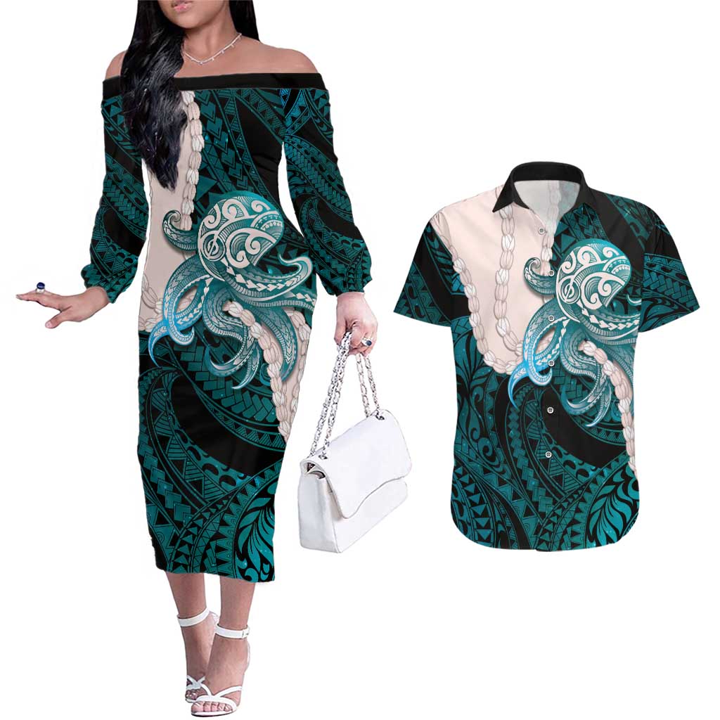 Teal Galaxy Polynesia Tribal Octopus Tattoo Couples Matching Off The Shoulder Long Sleeve Dress and Hawaiian Shirt Pikake Lei Polynesian Pattern LT14 Teal - Polynesian Pride