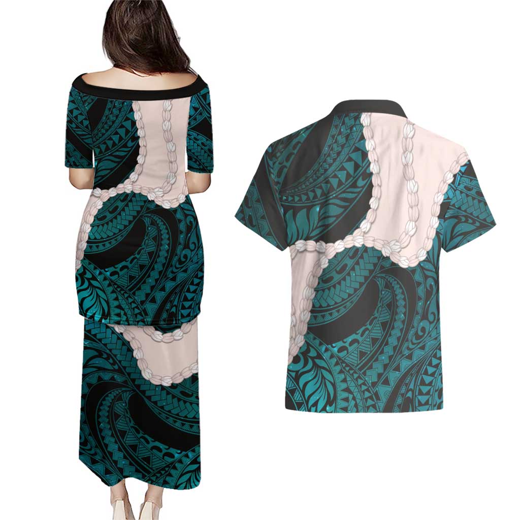 Teal Galaxy Polynesia Tribal Octopus Tattoo Couples Matching Puletasi and Hawaiian Shirt Pikake Lei Polynesian Pattern LT14 - Polynesian Pride