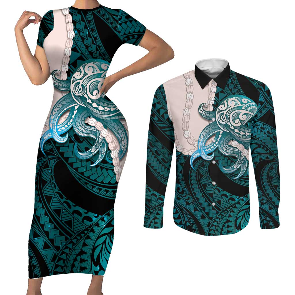 Teal Galaxy Polynesia Tribal Octopus Tattoo Couples Matching Short Sleeve Bodycon Dress and Long Sleeve Button Shirt Pikake Lei Polynesian Pattern LT14 Teal - Polynesian Pride
