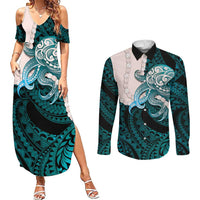 Teal Galaxy Polynesia Tribal Octopus Tattoo Couples Matching Summer Maxi Dress and Long Sleeve Button Shirt Pikake Lei Polynesian Pattern