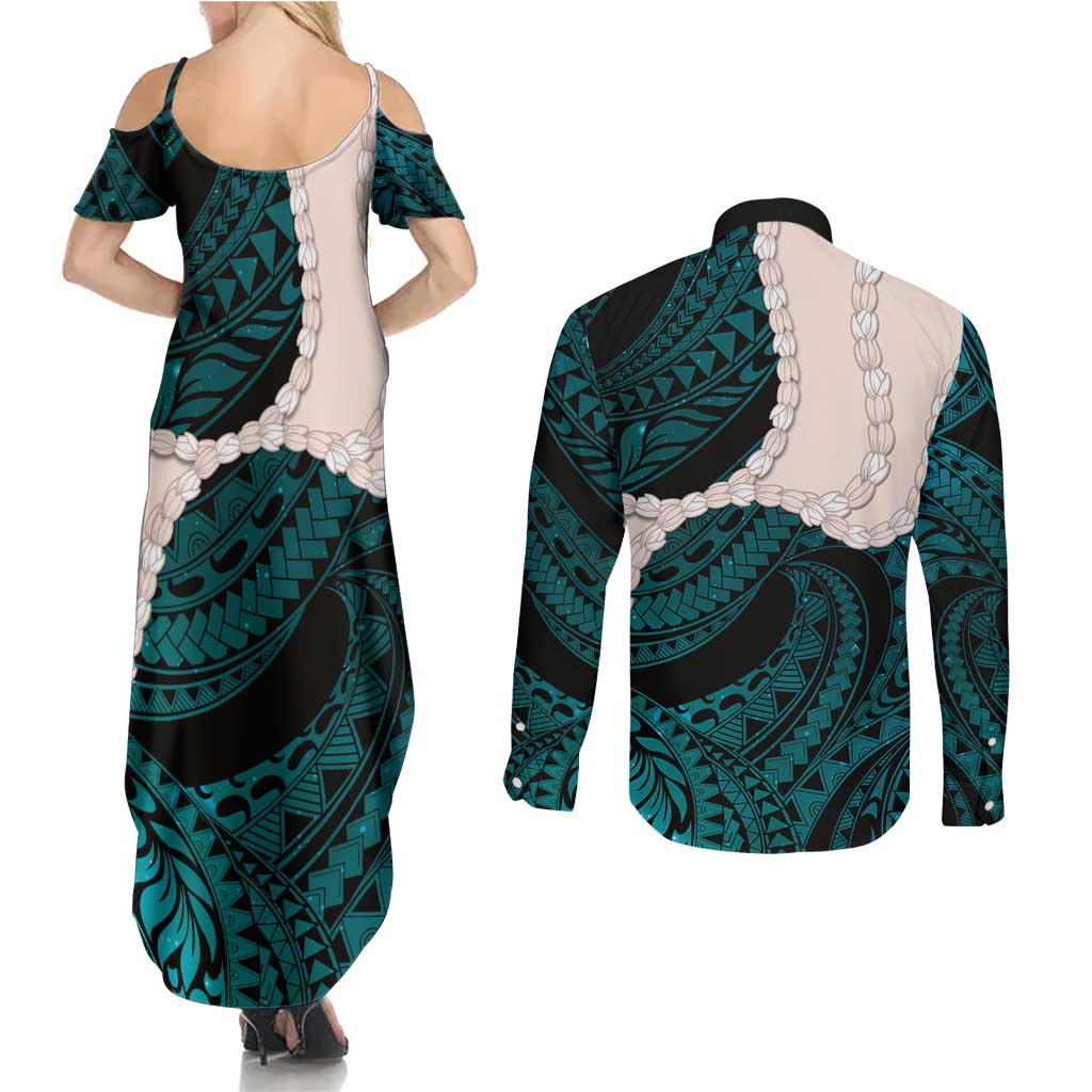 Teal Galaxy Polynesia Tribal Octopus Tattoo Couples Matching Summer Maxi Dress and Long Sleeve Button Shirt Pikake Lei Polynesian Pattern