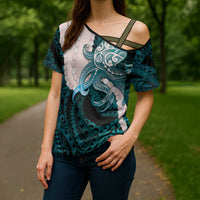Teal Galaxy Polynesia Tribal Octopus Tattoo Cross Shoulder Shirt Pikake Lei Polynesian Pattern LT14 - Polynesian Pride