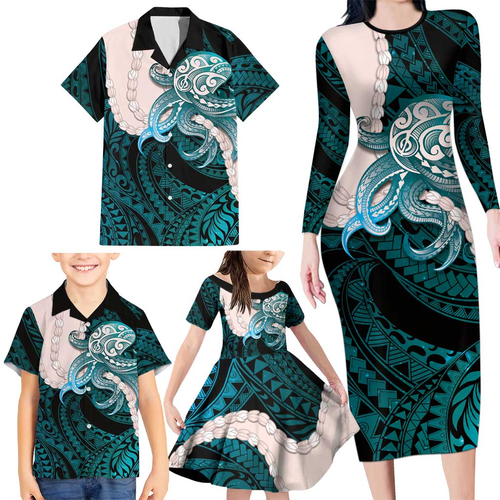 Teal Galaxy Polynesia Tribal Octopus Tattoo Family Matching Long Sleeve Bodycon Dress and Hawaiian Shirt Pikake Lei Polynesian Pattern LT14 - Polynesian Pride