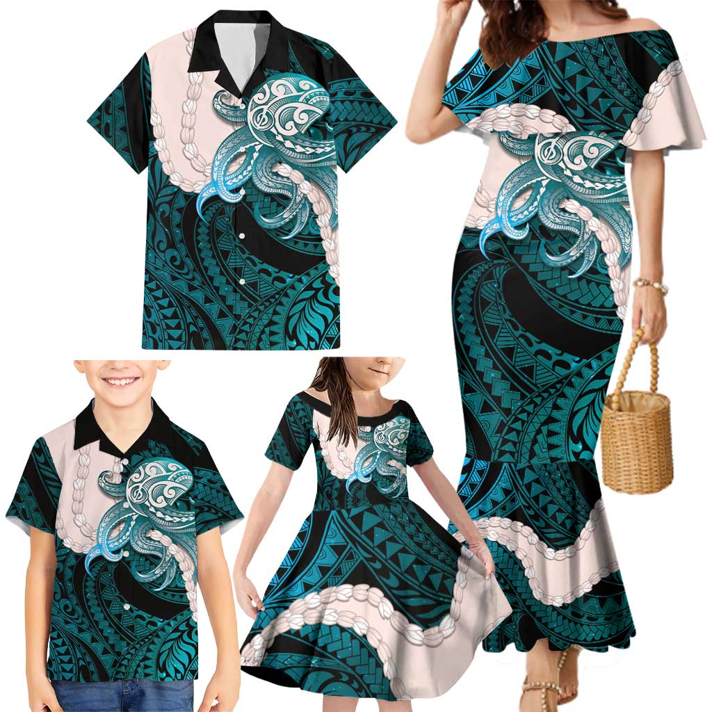 Teal Galaxy Polynesia Tribal Octopus Tattoo Family Matching Mermaid Dress and Hawaiian Shirt Pikake Lei Polynesian Pattern LT14 - Polynesian Pride
