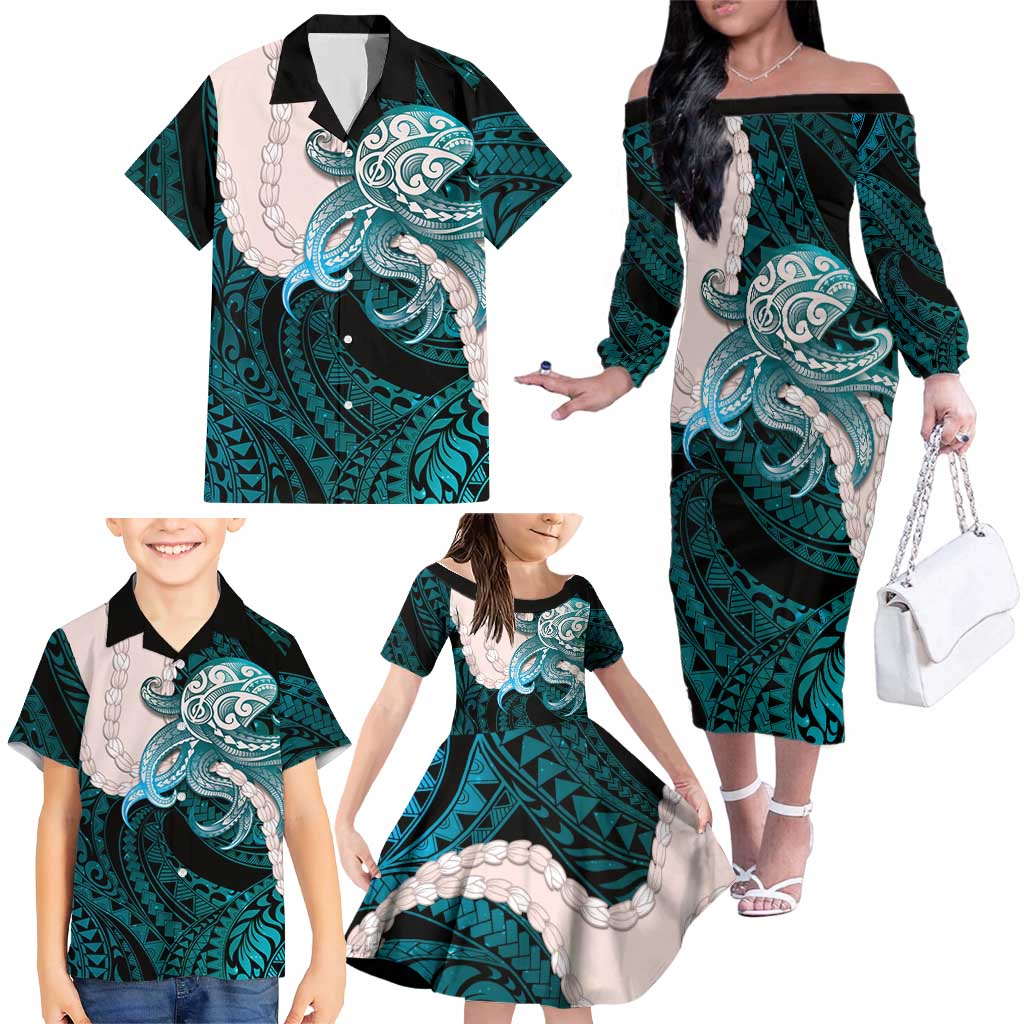 Teal Galaxy Polynesia Tribal Octopus Tattoo Family Matching Off The Shoulder Long Sleeve Dress and Hawaiian Shirt Pikake Lei Polynesian Pattern LT14 - Polynesian Pride