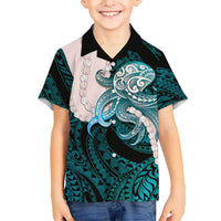Teal Galaxy Polynesia Tribal Octopus Tattoo Family Matching Off Shoulder Maxi Dress and Hawaiian Shirt Pikake Lei Polynesian Pattern LT14 Son's Shirt Teal - Polynesian Pride