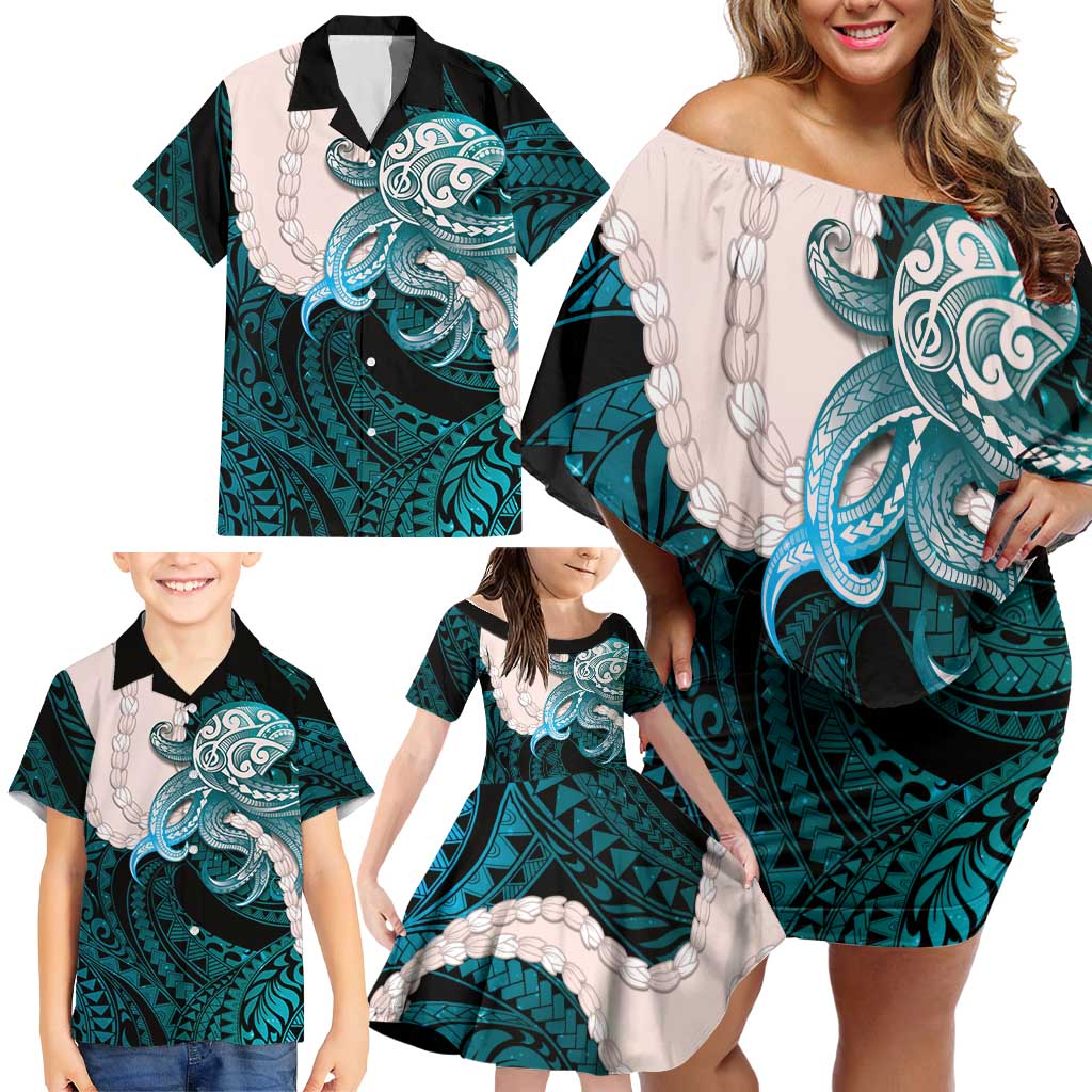 Teal Galaxy Polynesia Tribal Octopus Tattoo Family Matching Off Shoulder Short Dress and Hawaiian Shirt Pikake Lei Polynesian Pattern LT14 - Polynesian Pride