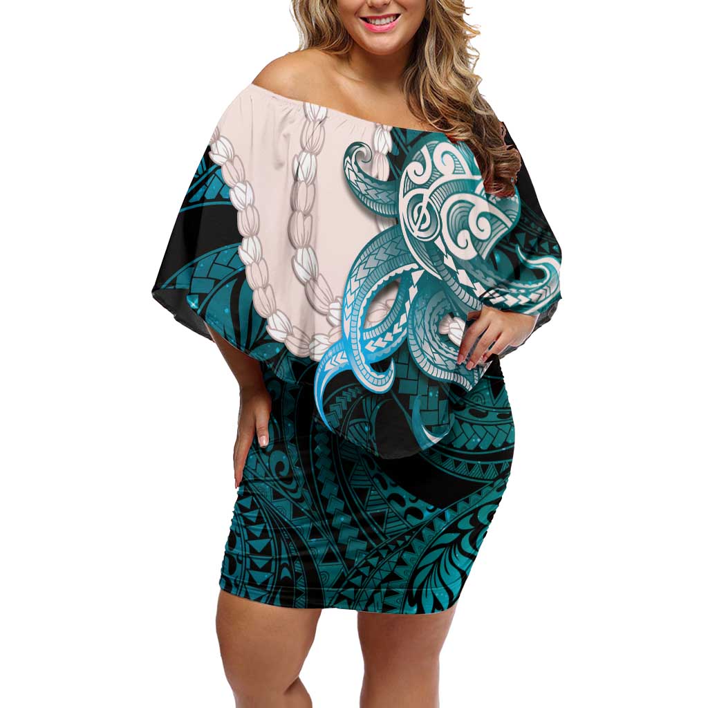 Teal Galaxy Polynesia Tribal Octopus Tattoo Family Matching Off Shoulder Short Dress and Hawaiian Shirt Pikake Lei Polynesian Pattern LT14 Mom's Dress Teal - Polynesian Pride