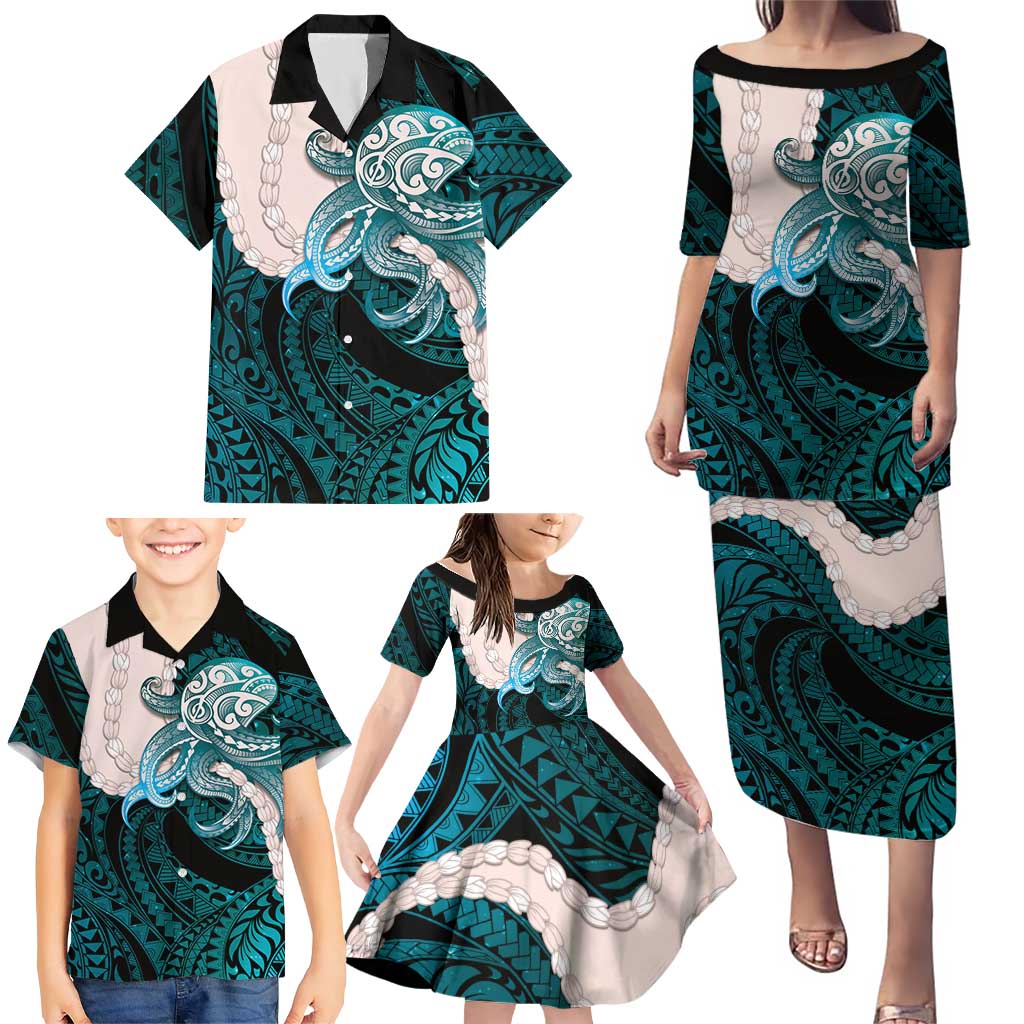 Teal Galaxy Polynesia Tribal Octopus Tattoo Family Matching Puletasi and Hawaiian Shirt Pikake Lei Polynesian Pattern LT14 - Polynesian Pride