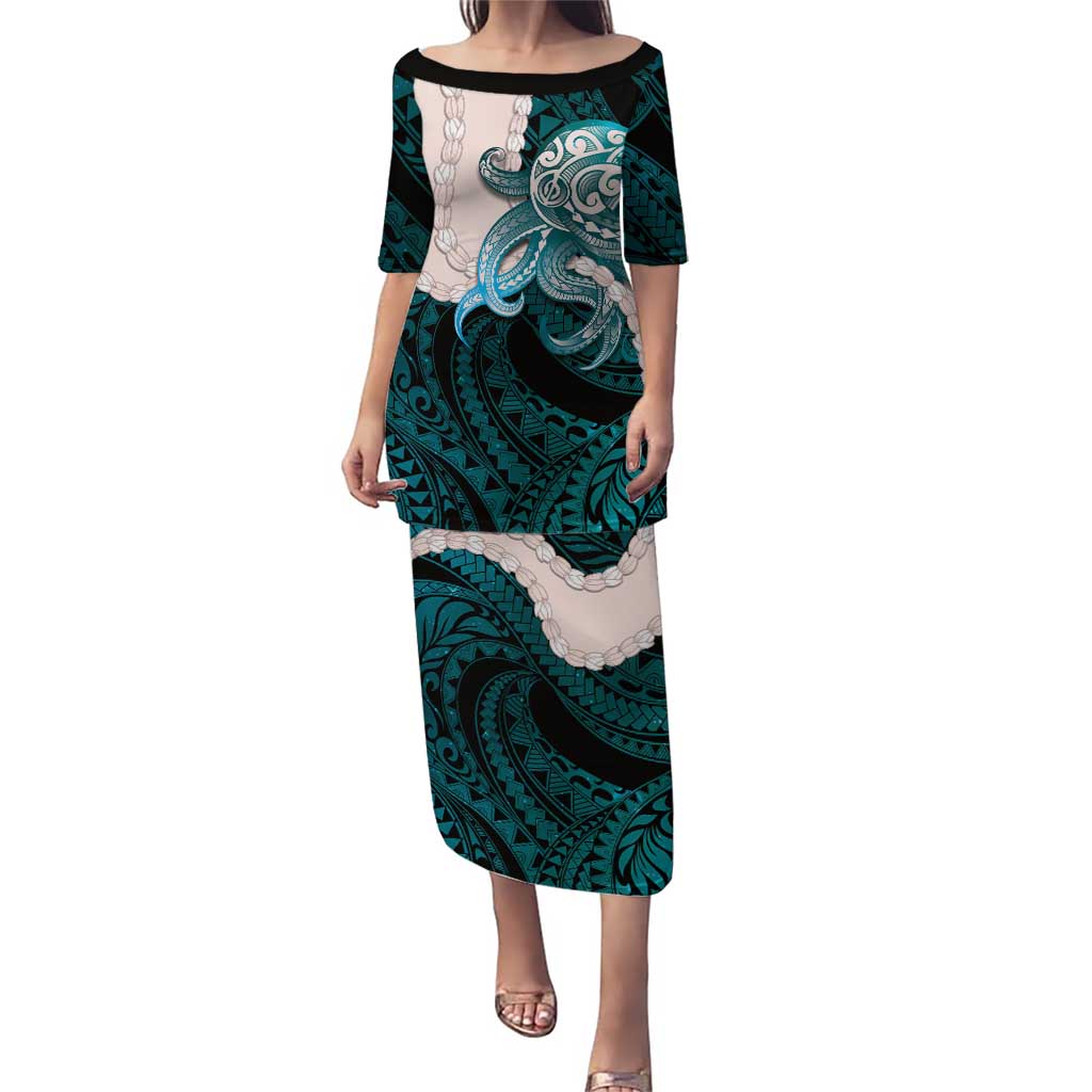 Teal Galaxy Polynesia Tribal Octopus Tattoo Family Matching Puletasi and Hawaiian Shirt Pikake Lei Polynesian Pattern LT14 Mom's Dress Teal - Polynesian Pride