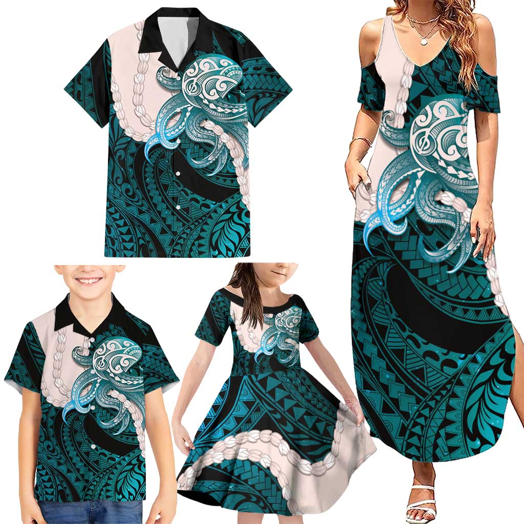 Teal Galaxy Polynesia Tribal Octopus Tattoo Family Matching Summer Maxi Dress and Hawaiian Shirt Pikake Lei Polynesian Pattern LT14 - Polynesian Pride