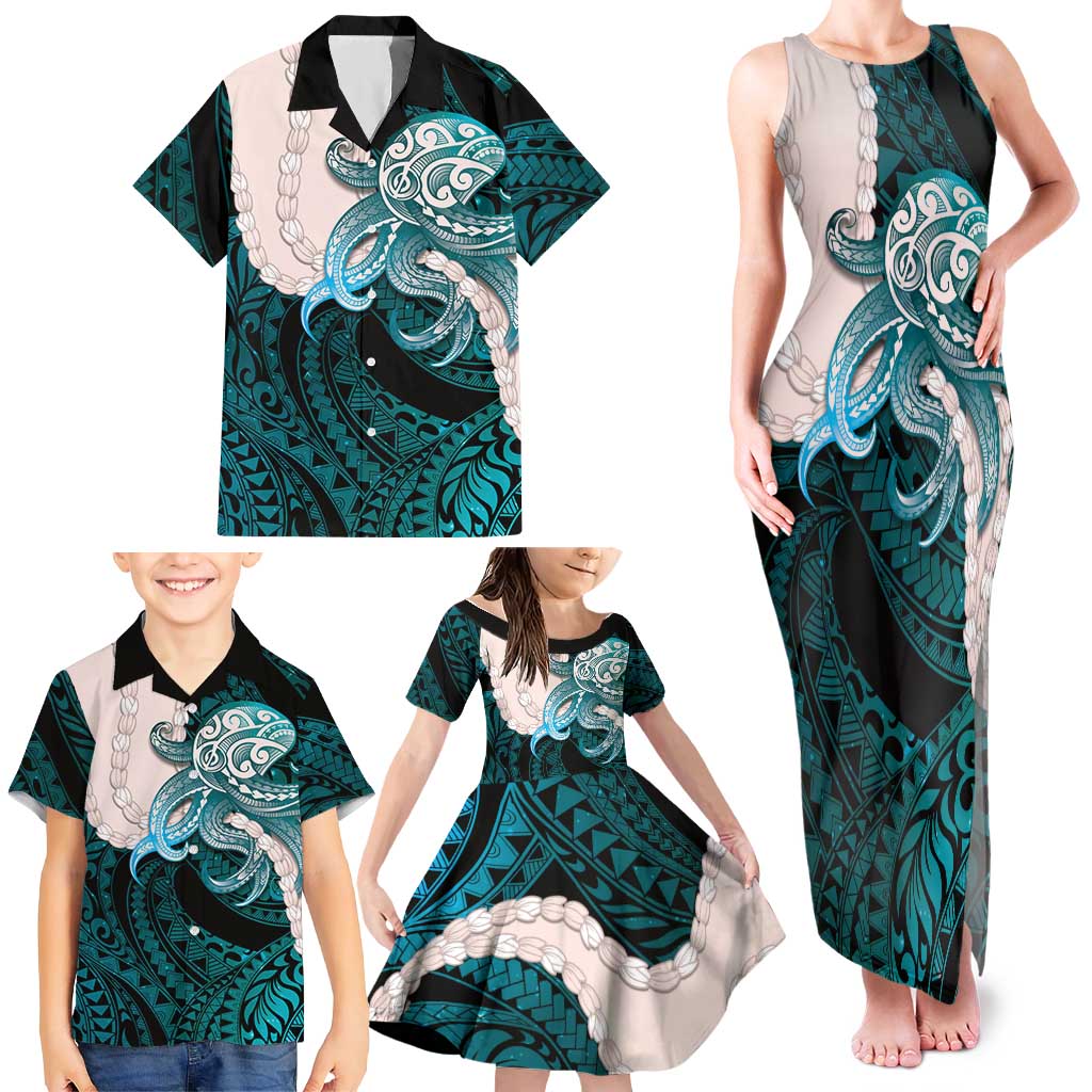 Teal Galaxy Polynesia Tribal Octopus Tattoo Family Matching Tank Maxi Dress and Hawaiian Shirt Pikake Lei Polynesian Pattern LT14 - Polynesian Pride