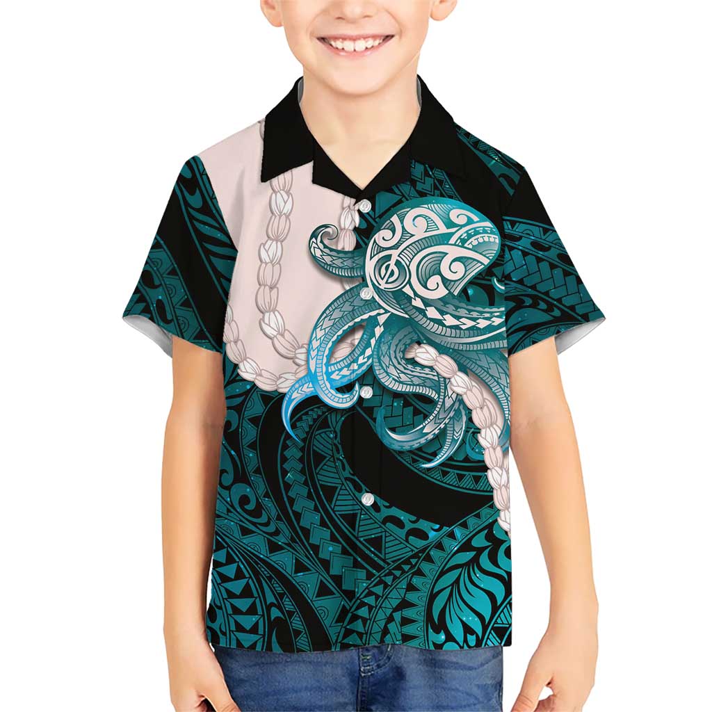 Teal Galaxy Polynesia Tribal Octopus Tattoo Kid Hawaiian Shirt Pikake Lei Polynesian Pattern