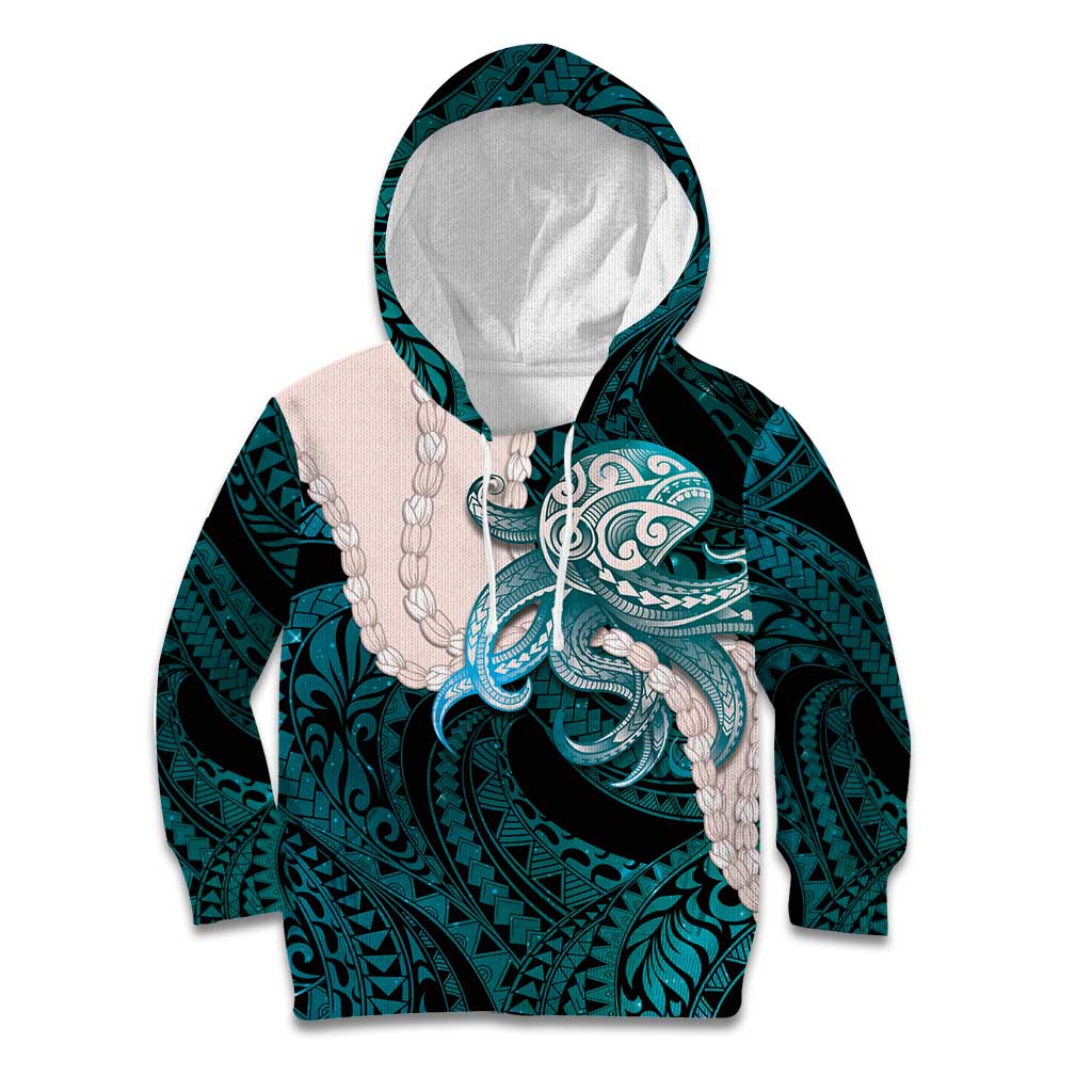Teal Galaxy Polynesia Tribal Octopus Tattoo Kid Hoodie Pikake Lei Polynesian Pattern