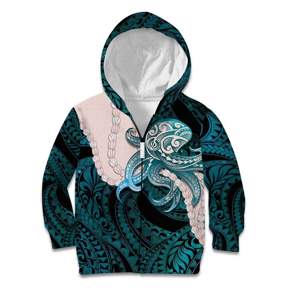 Teal Galaxy Polynesia Tribal Octopus Tattoo Kid Hoodie Pikake Lei Polynesian Pattern