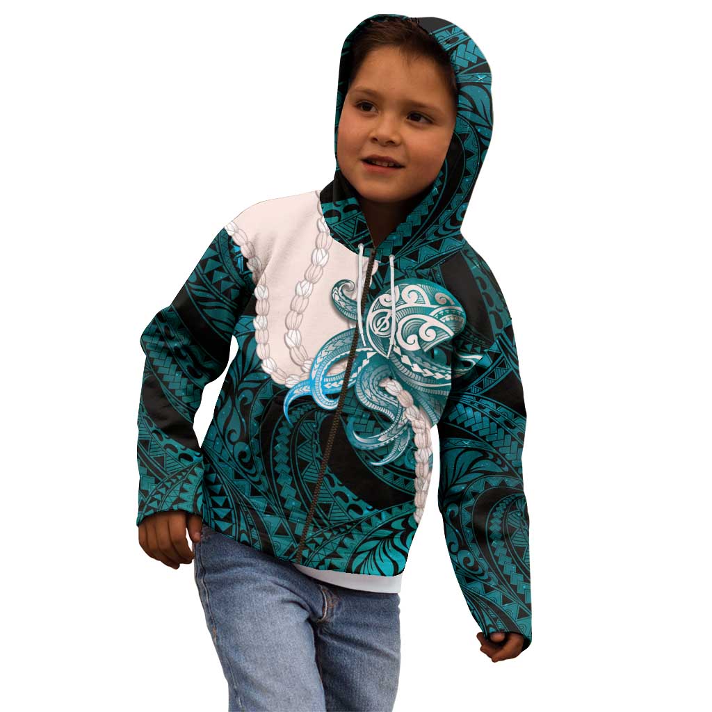 Teal Galaxy Polynesia Tribal Octopus Tattoo Kid Hoodie Pikake Lei Polynesian Pattern
