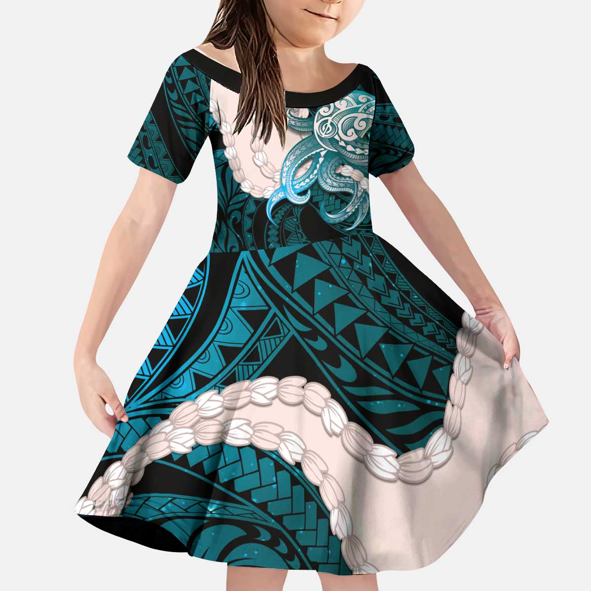 Teal Galaxy Polynesia Tribal Octopus Tattoo Kid Short Sleeve Dress Pikake Lei Polynesian Pattern