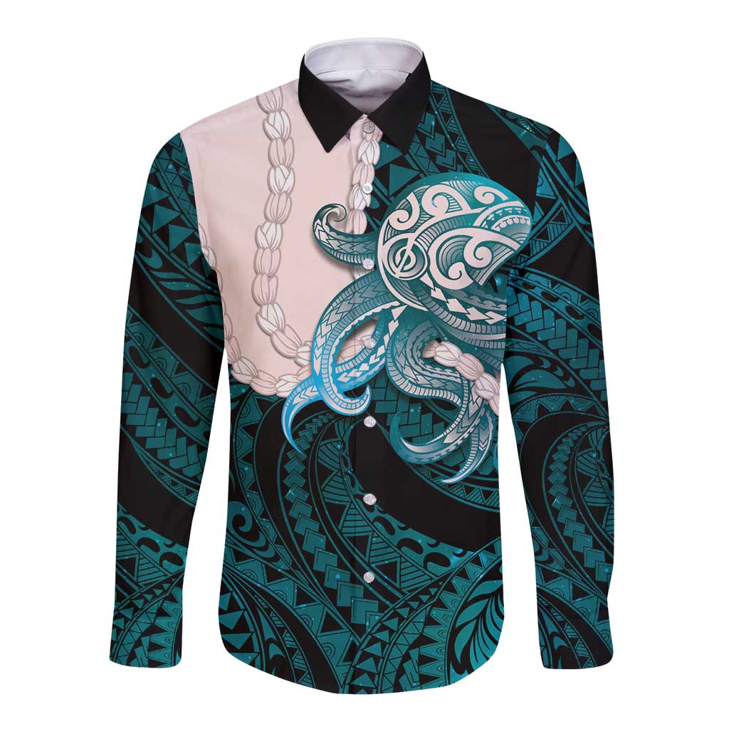 Teal Galaxy Polynesia Tribal Octopus Tattoo Long Sleeve Button Shirt Pikake Lei Polynesian Pattern