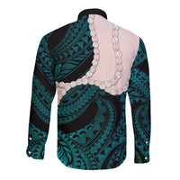 Teal Galaxy Polynesia Tribal Octopus Tattoo Long Sleeve Button Shirt Pikake Lei Polynesian Pattern