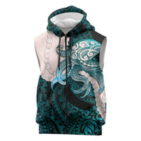 Teal Galaxy Polynesia Tribal Octopus Tattoo Sleeveless Zip Hoodie Pikake Lei Polynesian Pattern LT14 Teal - Polynesian Pride