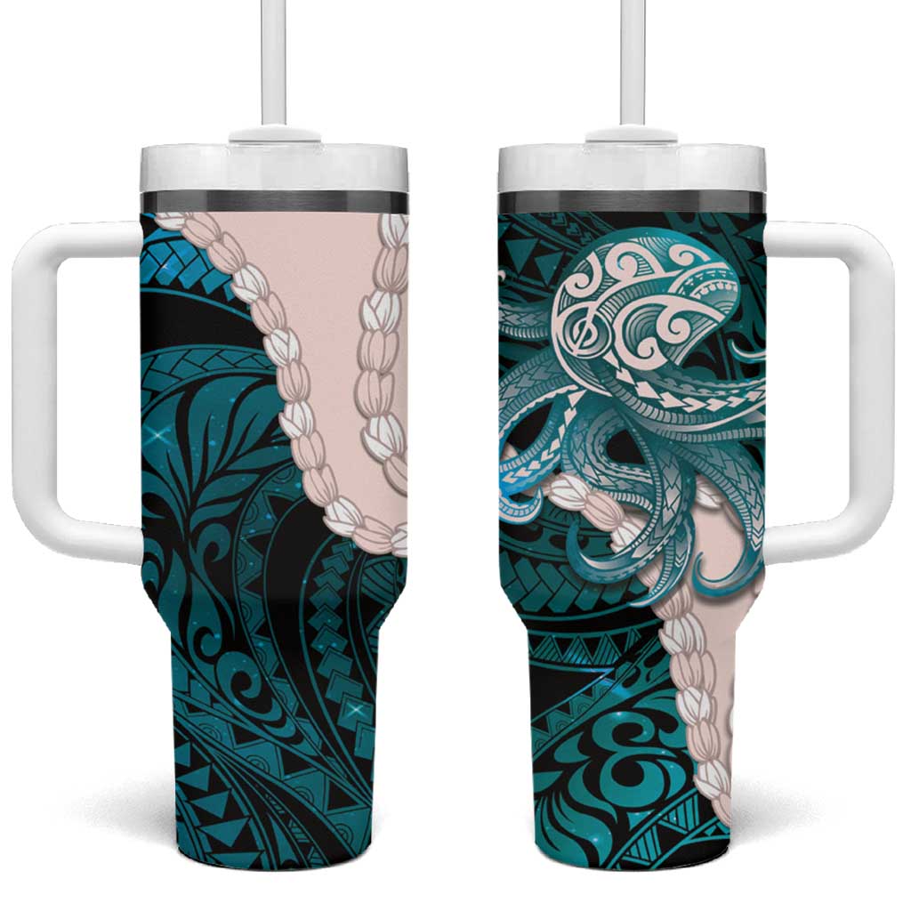 Teal Galaxy Polynesia Tribal Octopus Tattoo Tumbler With Handle Pikake Lei Polynesian Pattern