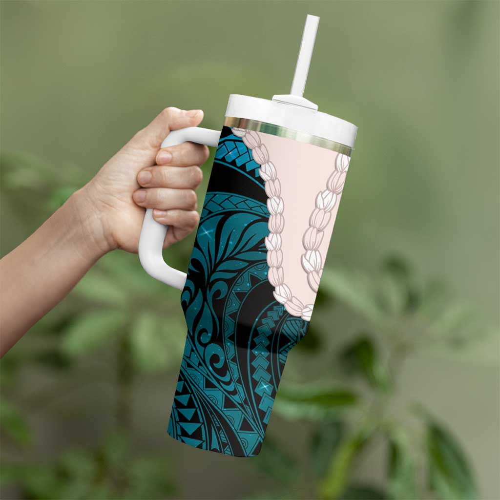 Teal Galaxy Polynesia Tribal Octopus Tattoo Tumbler With Handle Pikake Lei Polynesian Pattern