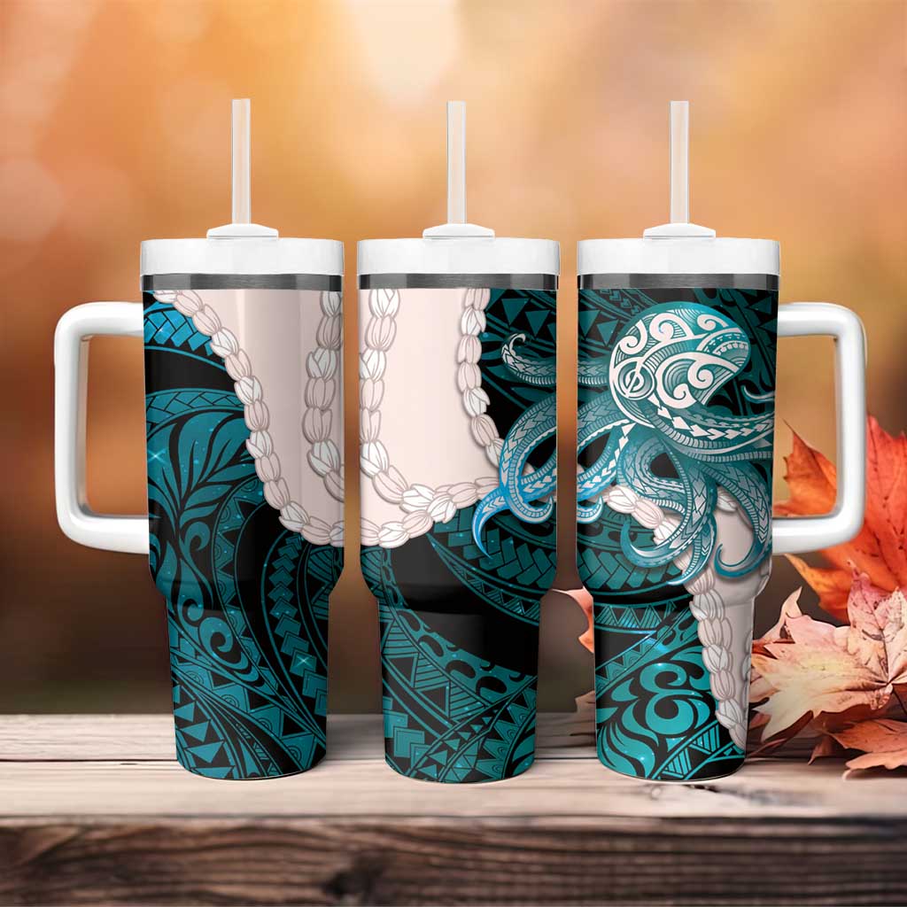 Teal Galaxy Polynesia Tribal Octopus Tattoo Tumbler With Handle Pikake Lei Polynesian Pattern
