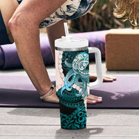 Teal Galaxy Polynesia Tribal Octopus Tattoo Tumbler With Handle Pikake Lei Polynesian Pattern