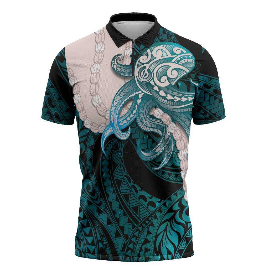 Teal Galaxy Polynesia Tribal Octopus Tattoo Zipper Polo Shirt Pikake Lei Polynesian Pattern LT14 Teal - Polynesian Pride