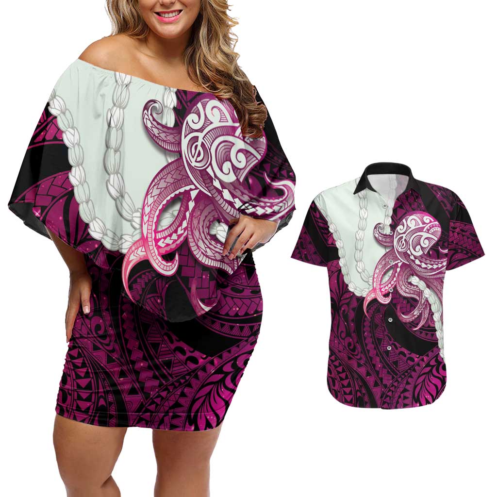 Pink Galaxy Polynesia Tribal Octopus Tattoo Couples Matching Off Shoulder Short Dress and Hawaiian Shirt Pikake Lei Polynesian Pattern LT14 Pink - Polynesian Pride