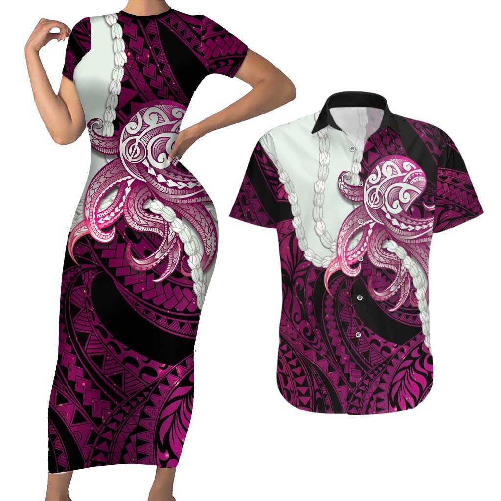Pink Galaxy Polynesia Tribal Octopus Tattoo Couples Matching Short Sleeve Bodycon Dress and Hawaiian Shirt Pikake Lei Polynesian Pattern