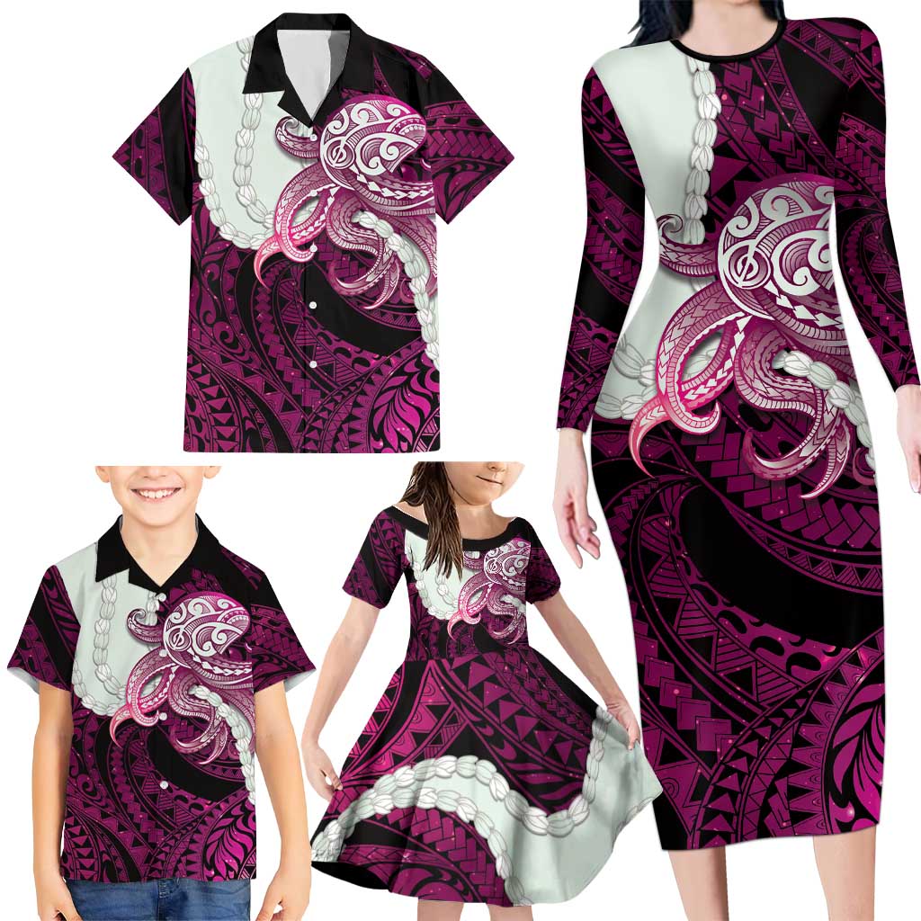 Pink Galaxy Polynesia Tribal Octopus Tattoo Family Matching Long Sleeve Bodycon Dress and Hawaiian Shirt Pikake Lei Polynesian Pattern LT14 - Polynesian Pride