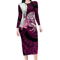Pink Galaxy Polynesia Tribal Octopus Tattoo Family Matching Long Sleeve Bodycon Dress and Hawaiian Shirt Pikake Lei Polynesian Pattern LT14 Mom's Dress Pink - Polynesian Pride