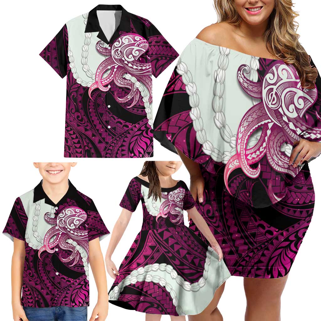 Pink Galaxy Polynesia Tribal Octopus Tattoo Family Matching Off Shoulder Short Dress and Hawaiian Shirt Pikake Lei Polynesian Pattern