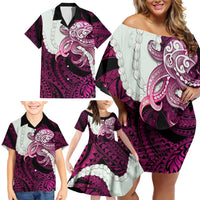Pink Galaxy Polynesia Tribal Octopus Tattoo Family Matching Off Shoulder Short Dress and Hawaiian Shirt Pikake Lei Polynesian Pattern